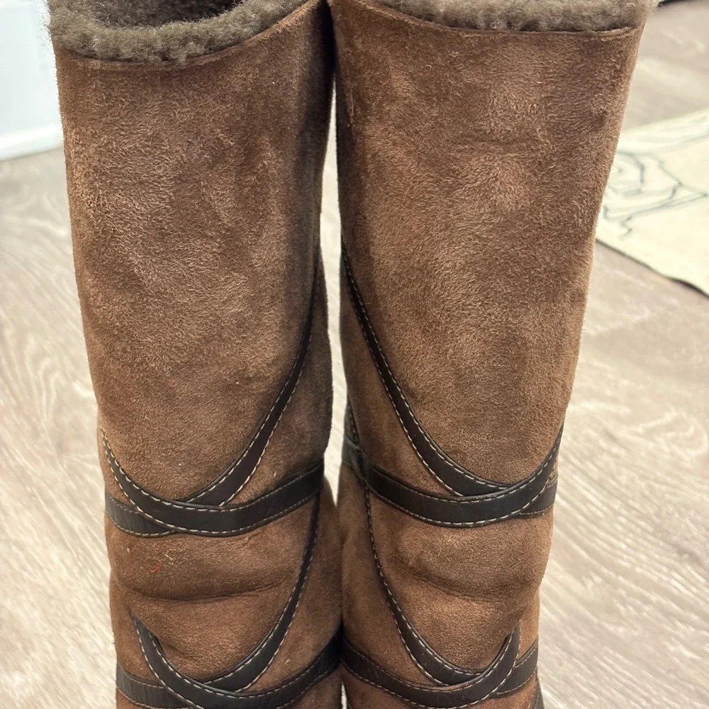 La Canadienne Brown Leather Suede Shearling Foldable Cuff Winter Boots 7 Cozy